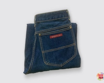 Jean Sasson 1981, denim bleu indigo, taille haute, décontracté, jambes fuselées, fermeture éclair plissée sur le devant, taille 39 francs/taille 2-4 US, 100 % coton, occasion, vintage