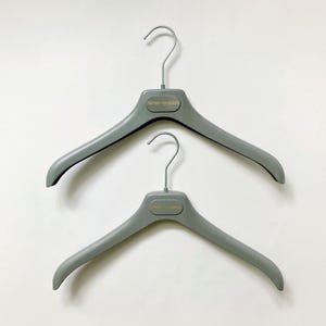 1980s Emporio Armani Hangers, Set of 2, 15”, Luxury Womens Dress Shirts, Gray Plastic/Metal, Gold Logo, Retro Designer Closet, Used, Vintage