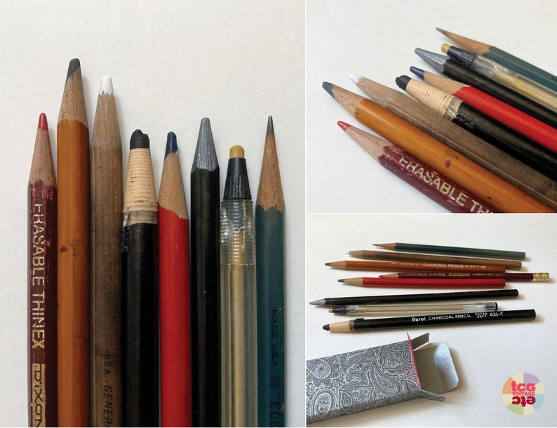 Vintage Sketch Pencils Gift Set, 8 Drawing Tools, Art Supplies, Handmade Paisley Box, Industrial, Rustic Décor, Used Collectibles, 1970-80s image 6