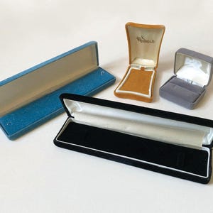 Vintage 1950s Four Velvet Jewelry Boxes, Mid Century Cases, Ring Watch Bracelet, Used