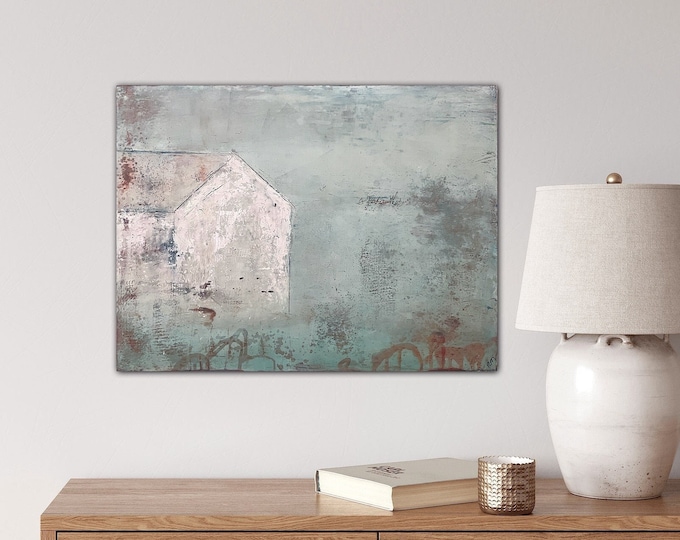 Original Cold Wax Oil Painting: Abstract House Landscape with Hemingway Quote