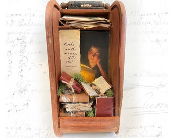 Found Object Assemblage with Virginia Woolf Quote — Assemblage with Book Theme — Booknook Assemblage with Light