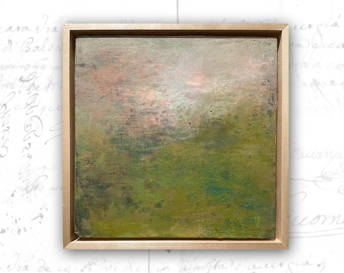 Framed Abstract Landscape Painting: Cold Wax and Oil on Birch (8" x 8")