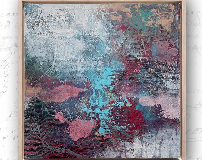 Framed Abstract Landscape Painting: Pink, Blue, and Turquoise Mixed Media Art