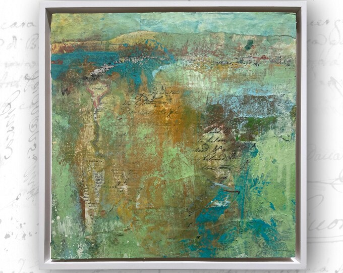 Abstract Landscape Collage Painting: Mixed Media Art in White Frame