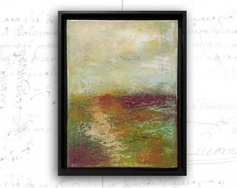 Framed Abstract Landscape in Autumn Colors, Cold Wax Painting in Black Frame