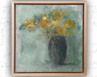 Original Painting of Yellow Flowers in Vase,  Cold Wax and Oil Floral Painting, Framed Floral Painting