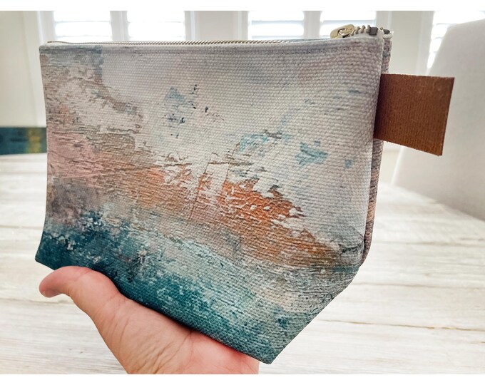 Makeup Bag with Abstract Beach Art, Zipper Bag for Accessories, Small Canvas Travel Bag