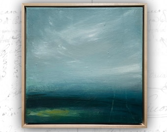 Abstract Seascape Painting: Mixed Media Canvas Art, Natural Wood Frame