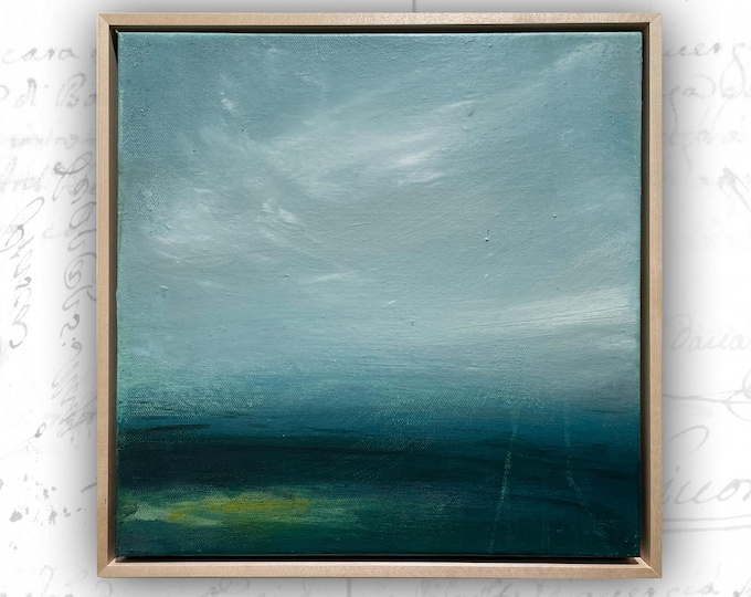 Abstract Seascape Painting: Mixed Media Canvas Art, Natural Wood Frame