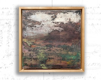 Small Framed Landscape Painting: Cold Wax & Oil Abstract Art (8x8)