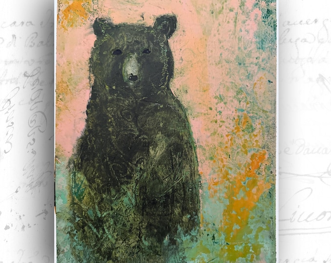 Black Bear Painting, Cold Wax Oil Artwork (8x10)