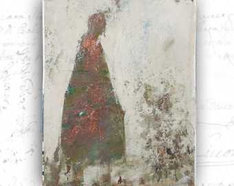 Abstract Collage Painting of Woman with Green Dots, Unframed Original Paintings, Cold Wax and Oil Figure Painting