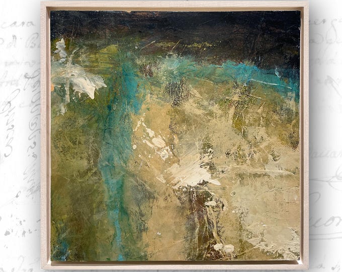 Framed Abstract Landscape Painting: Neutral Tones, Turquoise Accents