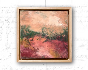 Framed Spring Landscape Painting: Small Abstract Cold Wax Art