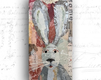 Collage Painting of Long Eared Rabbit: Mixed Media Art with Bunny (6x12)