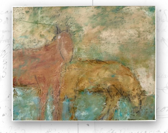 Original Painting of Two Horses, Cold Wax and Oil Horse Painting (10x8)