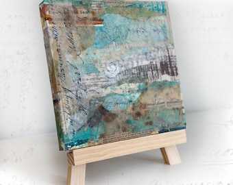 Original Landscape Collage with Easel, Seascape Art with Boats (8x8)