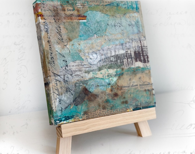 Original Landscape Collage with Easel, Seascape Art with Boats (8x8)