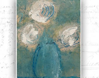 Original Floral Painting with White Flowers in Vase, Unframed Original Paintings, Cold Wax and Oil Floral Art
