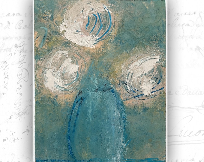 Original Floral Painting with White Flowers in Vase, Unframed Original Paintings, Cold Wax and Oil Floral Art
