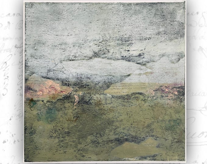 Abstract Collage Painting of Green Pasture, Unframed Landscape Painting, Cold Wax Painting, Unframed Collage Art on Paper