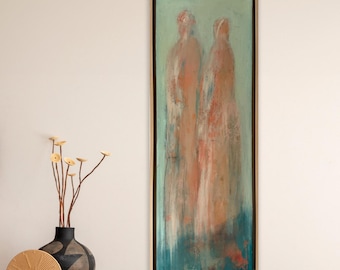 Abstract Painting of Two Figures: Framed Mixed Media Canvas Art (12x36)