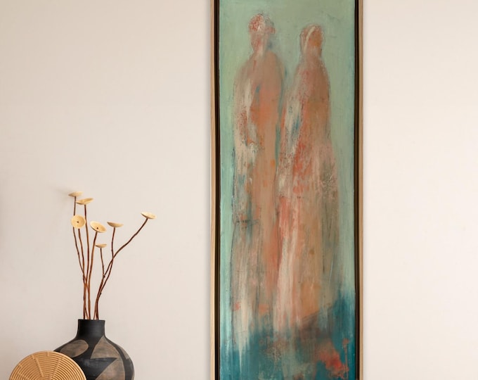 Abstract Painting of Two Figures: Framed Mixed Media Canvas Art (12x36)