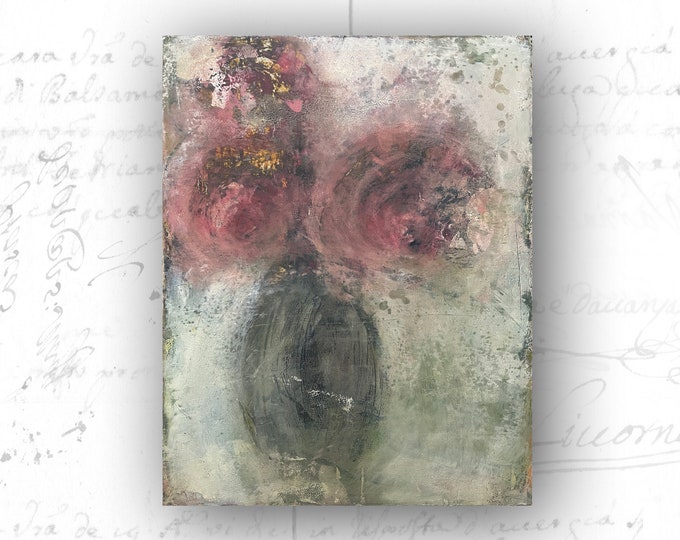 Abstract Floral Painting in Pink Flowers, Original Painting of Flowers in Vase, Original Cold Wax and Oil Painting
