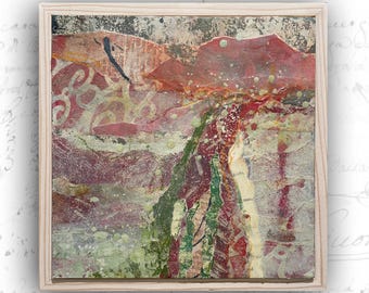 Collage Painting of River in Red: Framed Mixed Media Art (8x8)