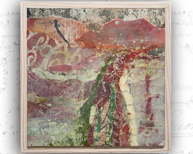 Collage Painting of River in Red: Framed Mixed Media Art (8x8)