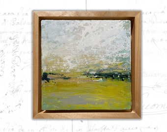 Framed Abstract Landscape Painting: Small Cold Wax Art, Yellow & Pink