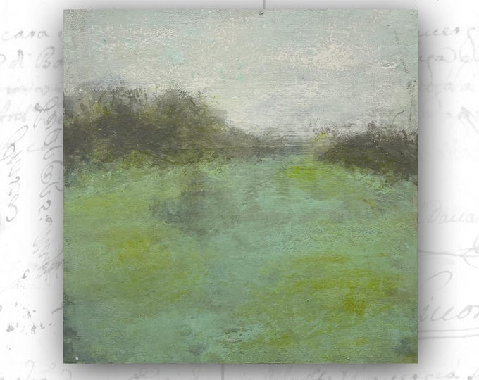 Green Pasture Abstract Painting: Cold Wax & Oil Landscape (16x16)