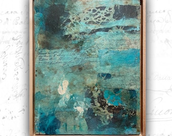 Framed Abstract Collage Painting  in Blue and Brown: Mixed Media Art (11x14)