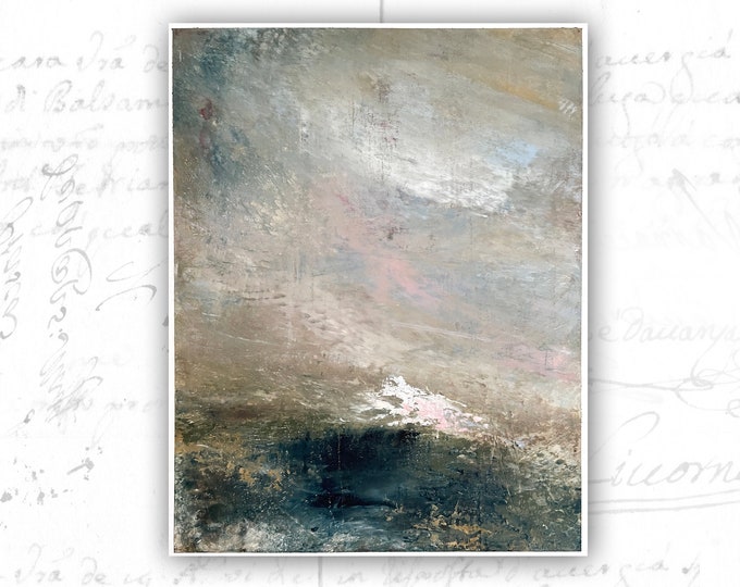 Abstract Landscape with Cold Wax and Oil on Paper, Unframed Painting of Landscape with Pastel colors