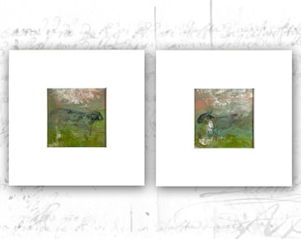 Set of 4 x 4 Rabbit Sketch Collages, Small Abstract Landscapes in Mats, Mini Cold Wax and Oil Paintings