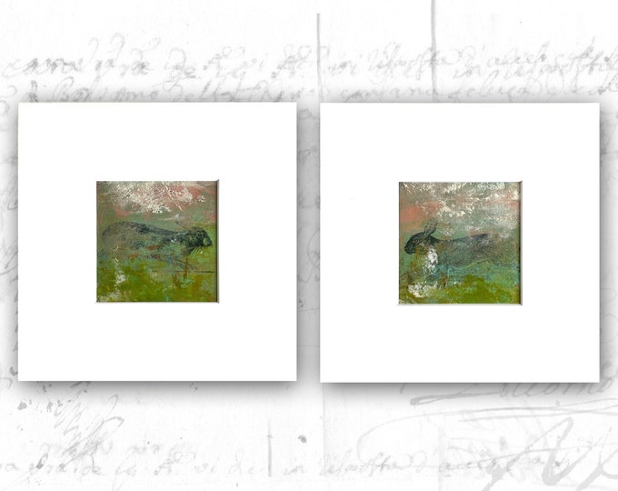 Set of 4 x 4 Rabbit Sketch Collages, Small Abstract Landscapes in Mats, Mini Cold Wax and Oil Paintings
