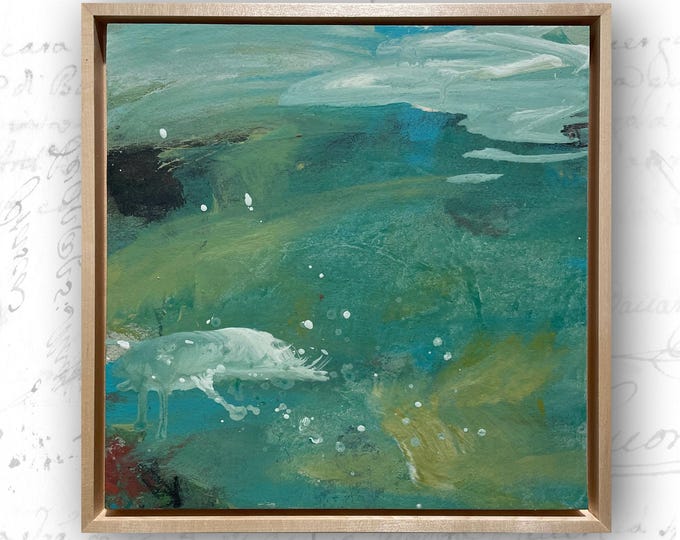 Framed Abstract Landscape Painting: Blue & Green Mixed Media Art (10x10)