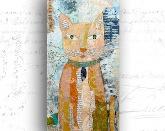 Collage Painting of Tabby Cat: Mixed Media Art with Orange Cat (6x12)
