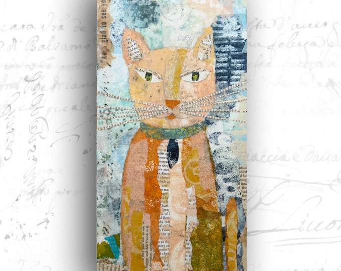Collage Painting of Tabby Cat: Mixed Media Art with Orange Cat (6x12)