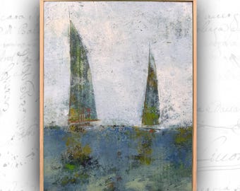 Framed Painting of Two Sail Boats: Cold Wax & Oil on Birch (14x18)