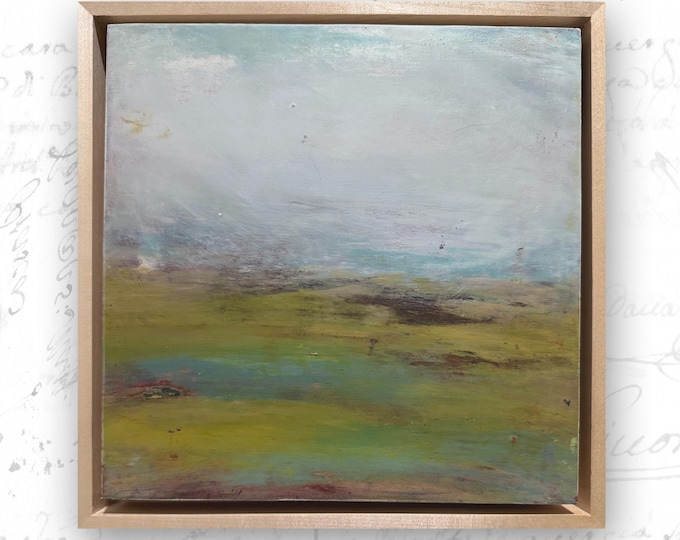 Framed Abstract Landscape Painting: Cold Wax & Oil on Wood (8x8)