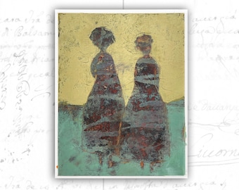 Original Painting of Two Women, Cold Wax Painting of Women, Unframed Figure Art