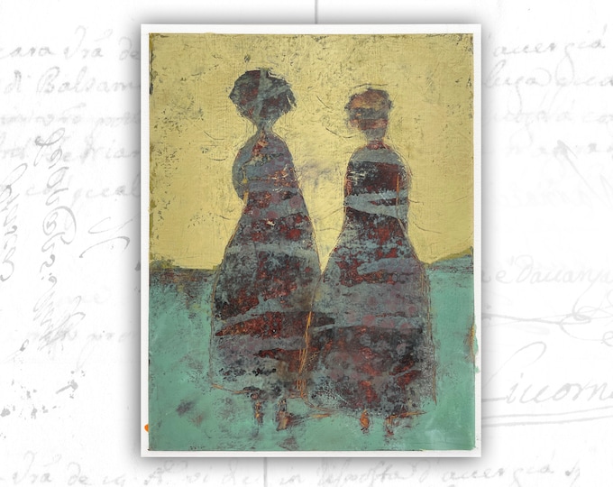 Original Painting of Two Women, Cold Wax Painting of Women, Unframed Figure Art