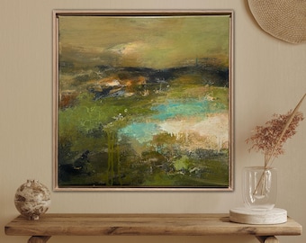 Framed Abstract Landscape Painting: Mixed Media Pastoral Art (20x20)