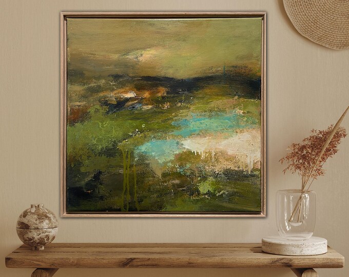 Framed Abstract Landscape Painting: Mixed Media Pastoral Art (20x20)
