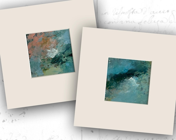 Set of Abstract Mini Landscapes in Pink and Blue, Small Abstract Landscapes in Mats, 4x4 Landscape Paintings
