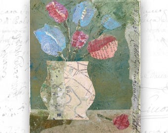 Collaged Painting of Tulips in Vase, Mixed Media Florals (8x10 Unframed Original Art)