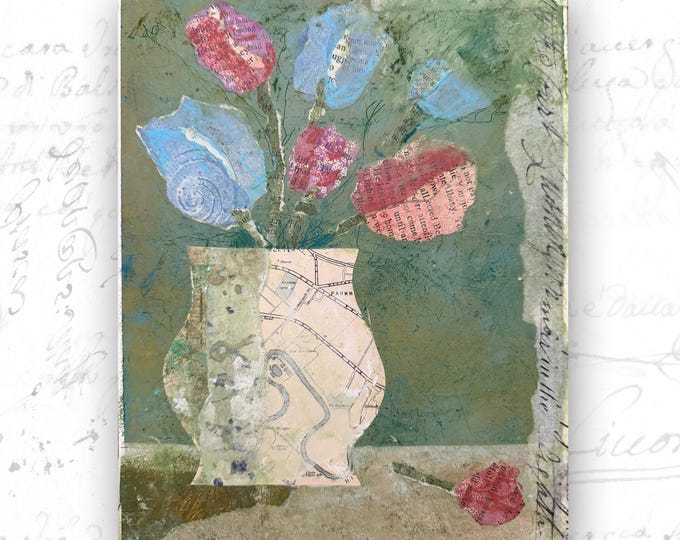 Collaged Painting of Tulips in Vase, Mixed Media Florals (8x10 Unframed Original Art)