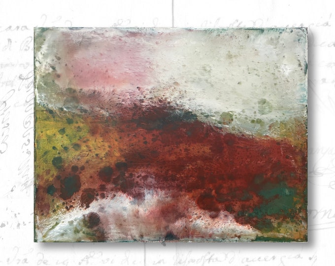 Abstract Landscape Painting in Deep Reds and Greens, Original Painting of Landscape, Original Cold Wax and Oil Painting